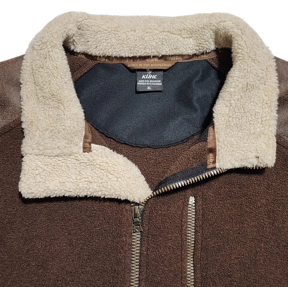 Kuhl Men's Alpenwurx Brown Full Zip Sherpa Collar Faux Leather Fleece Jacket XL - Picture 4 of 11